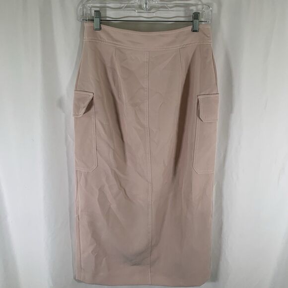 Topshop Midi Skirt Women's 6 Light Pink Split Front Pockets Button Zip - Picture 8 of 9